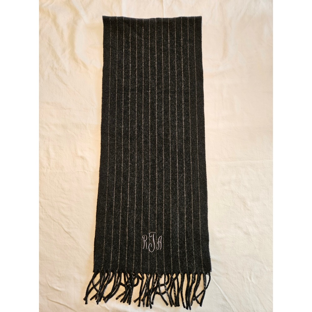 Polo Ralph Lauren Lambs Wool Striped Scarf Monogram RJA Charcoal Grey Fringe
